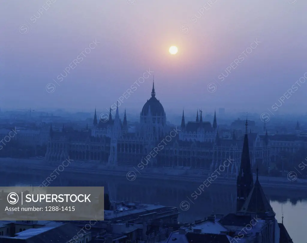 Silhouette of a building at dusk, Houses of Parliament, Budapest, Hungary