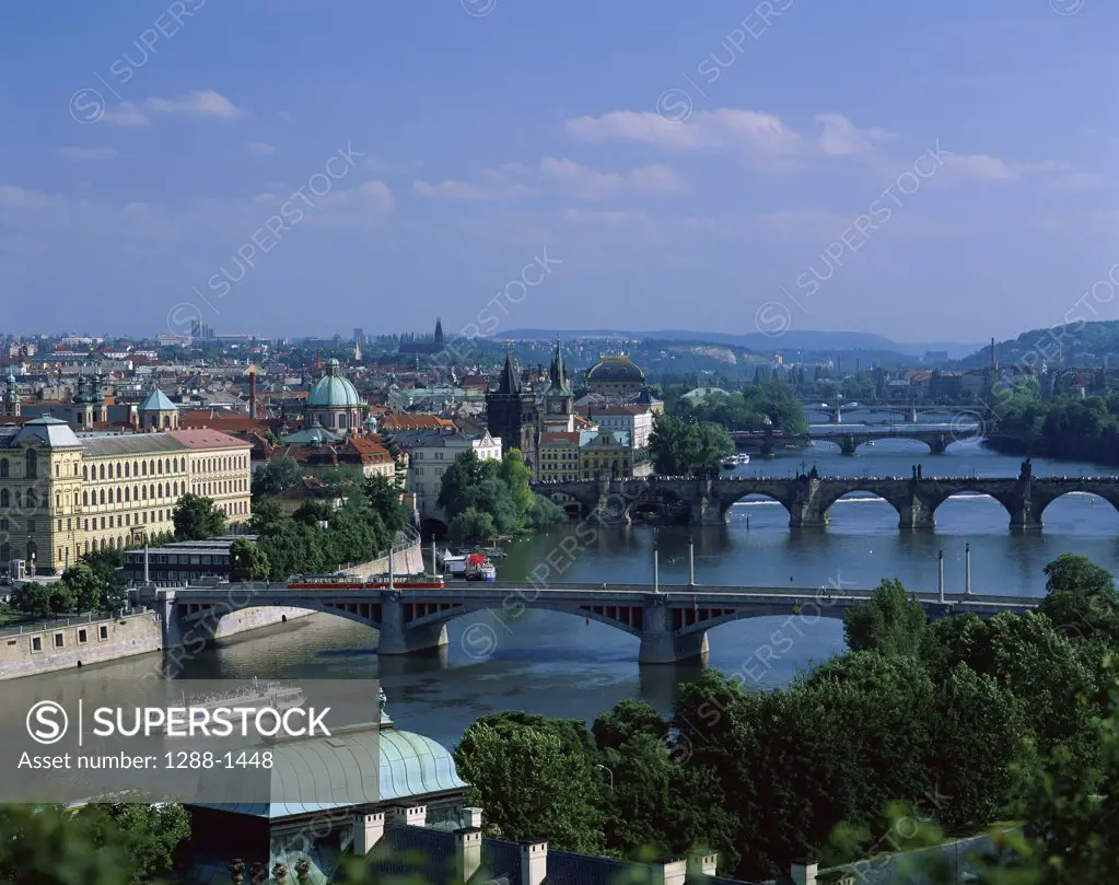 Aerial view of bridges over a river, Vltava River, Prague, Czech Republic