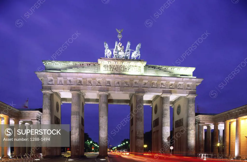 Brandenburg Gate lit up at night, Berlin, Germany
