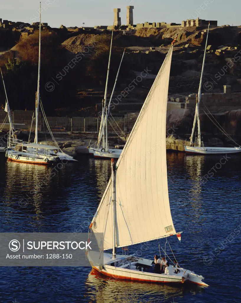 High angle view of a group of people sitting in a sailboat, Nile River, Aswan, Egypt