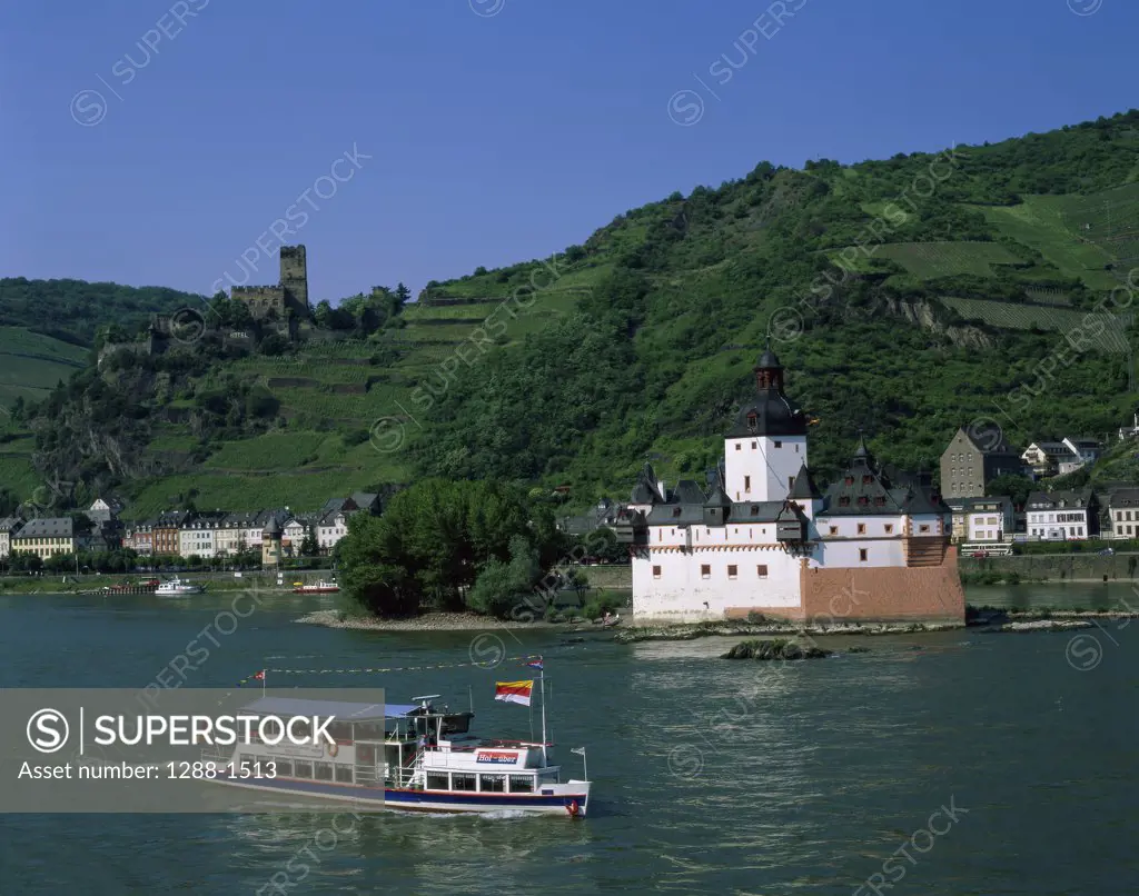 Boat in a river, Pfalz Castle, Rhine River, Kaub, Germany