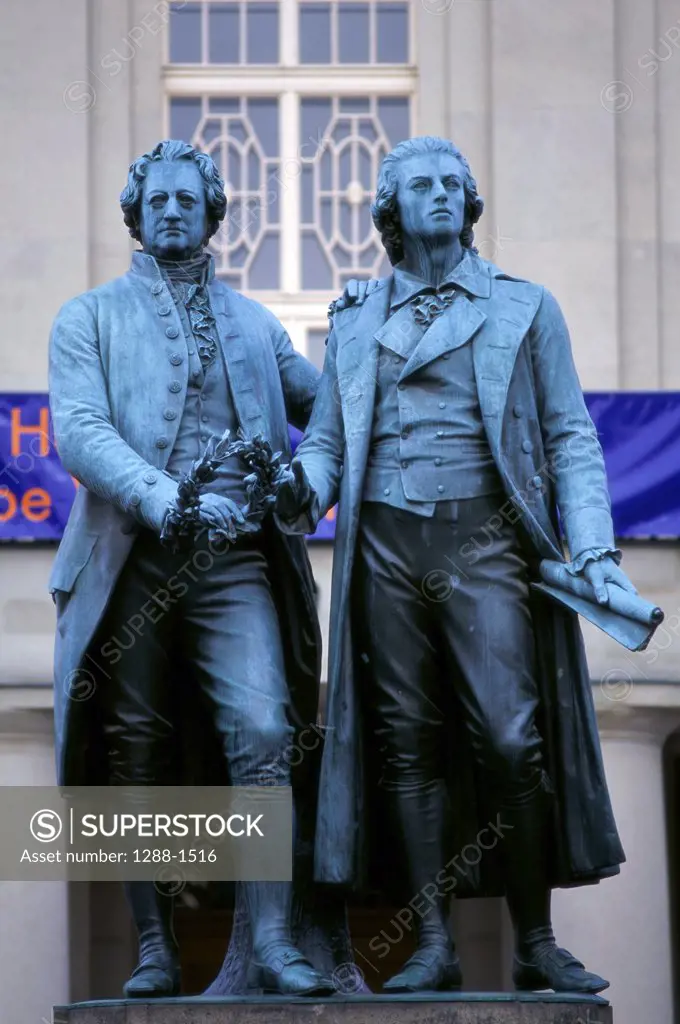 Close-up of two statues, Goethe-Schiller Monument, Weimar, Germany
