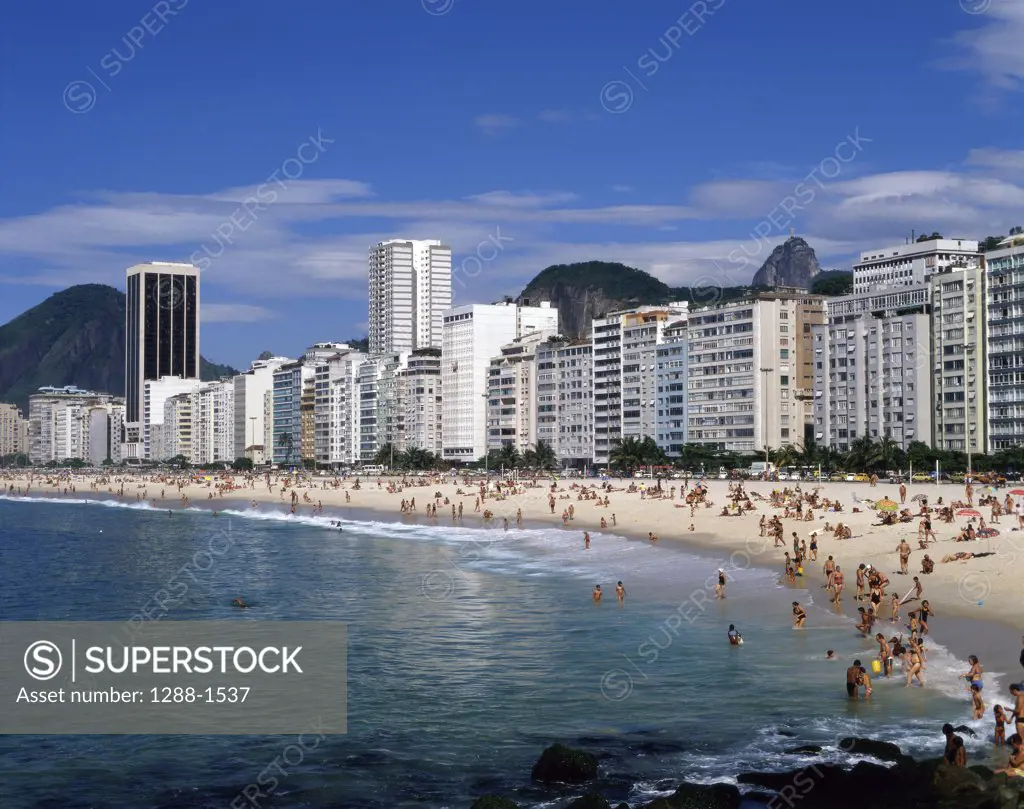 High angle view of tourists on the beach, Copacabana Beach, Rio de Janeiro, Brazil