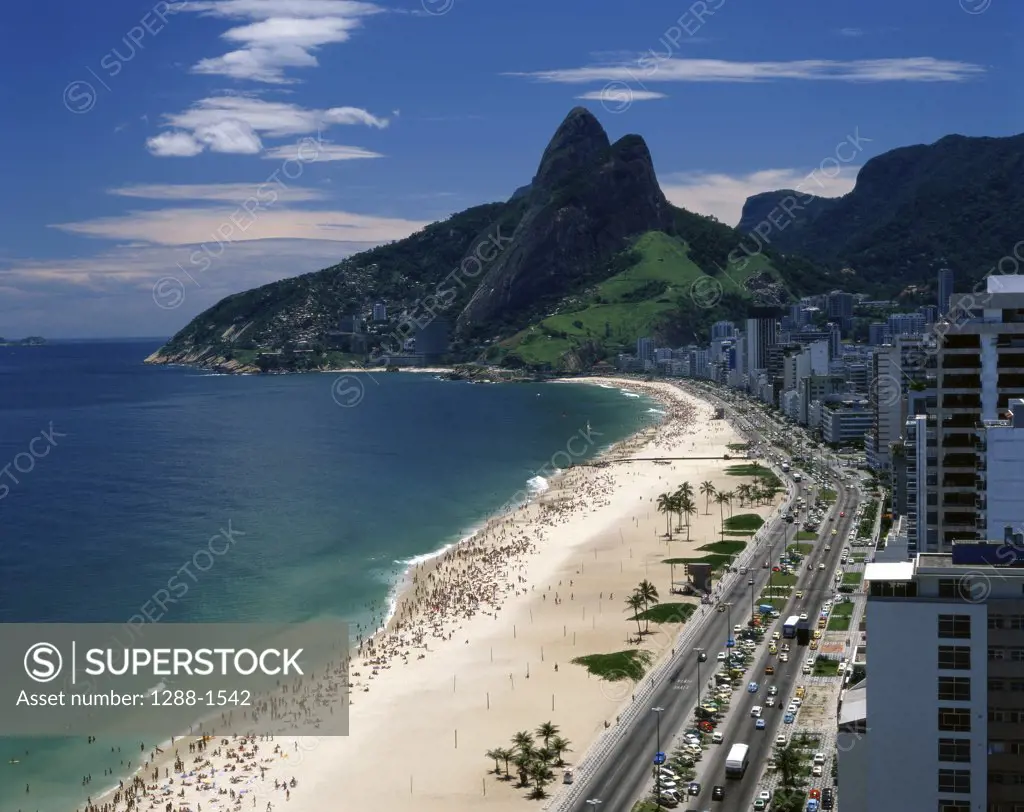 Aerial view of tourists on the beach, Ipanema Beach, Rio de Janeiro, Brazil