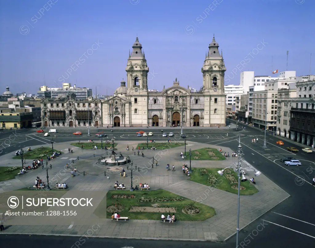 Aerial view of a cathedral, Plaza de Armas, Lima, Peru