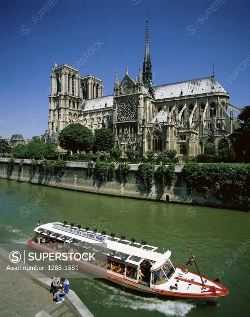 High angle view of a tourboat in the river, Notre Dame, Paris, France