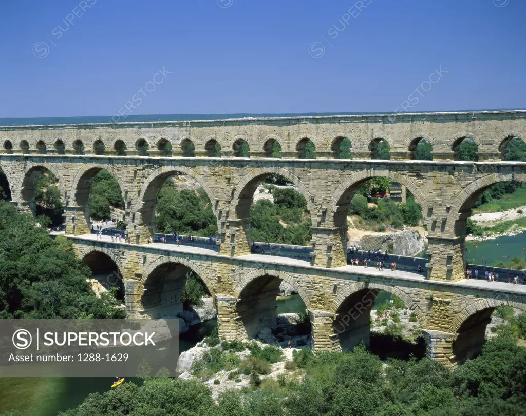 High angle view of an aqueduct over a river, Pont du Gard, Nimes, France