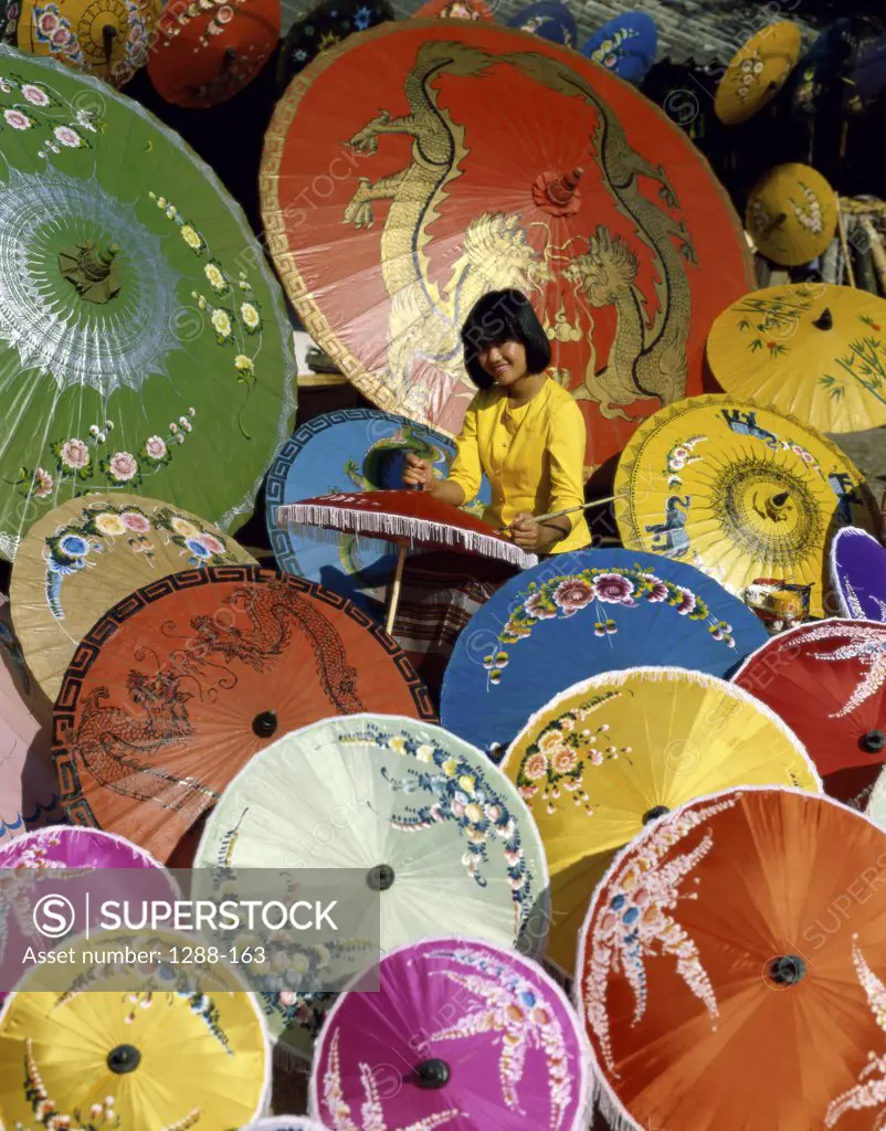 Portrait of a young woman painting a parasol, Chiang Mai Province, Thailand