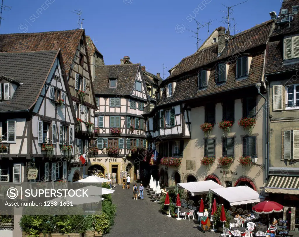 High angle view of buildings along a street, Rue des Marchands, Colmar, France