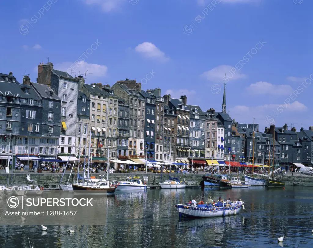High angle view of tourboats in the river, Honfleur, Normandy, France