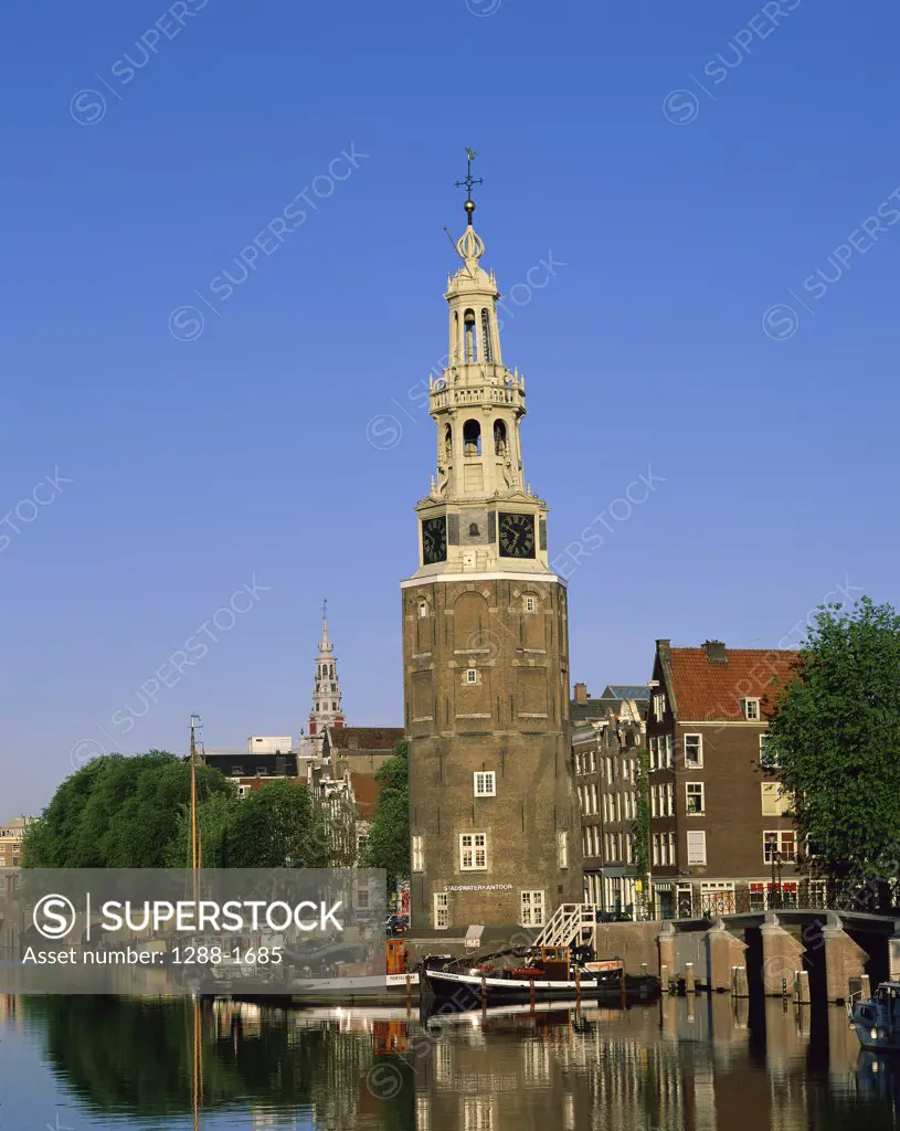 Boats docked at the harbor, Montelbaanstoren, Amsterdam, Netherlands