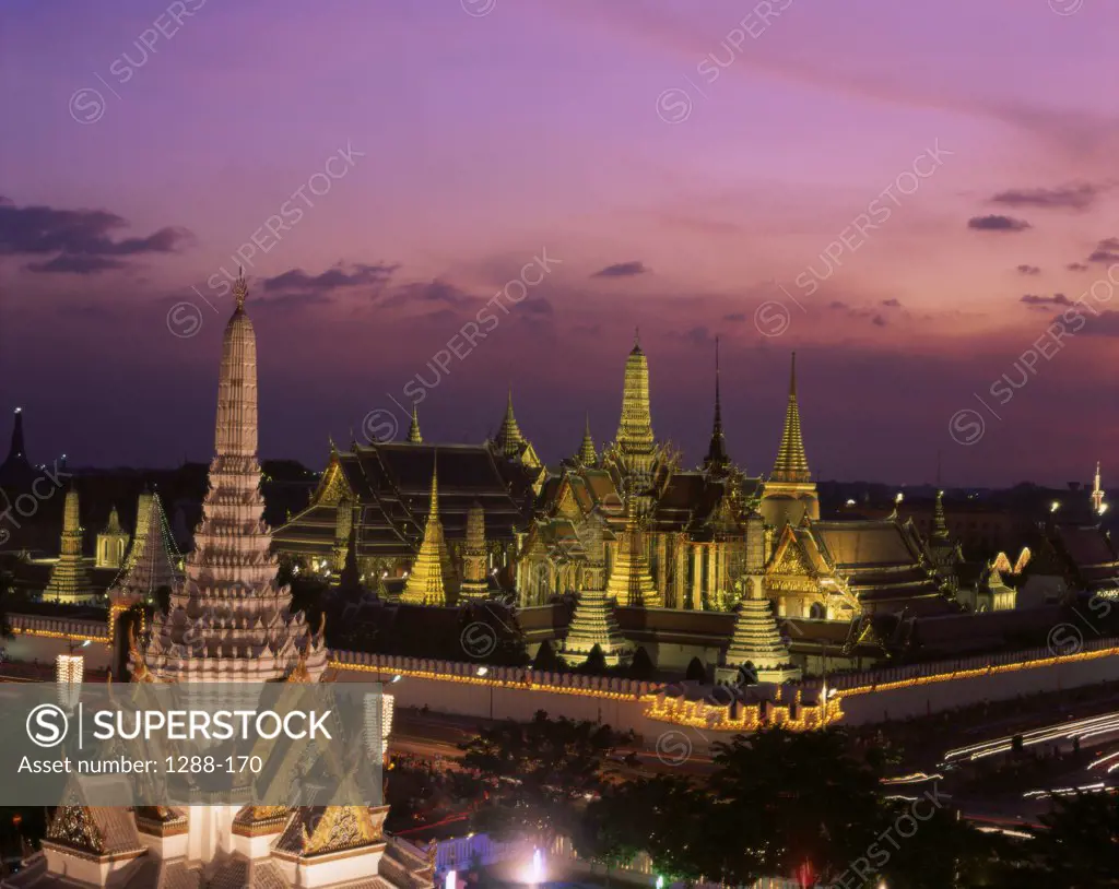 Temple lit up at night, Wat Phra Kaeo, Bangkok, Thailand