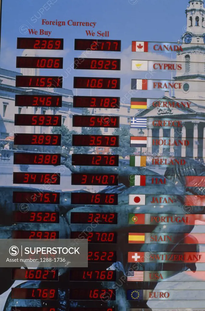 Close-up of a currency exchange display, London, England