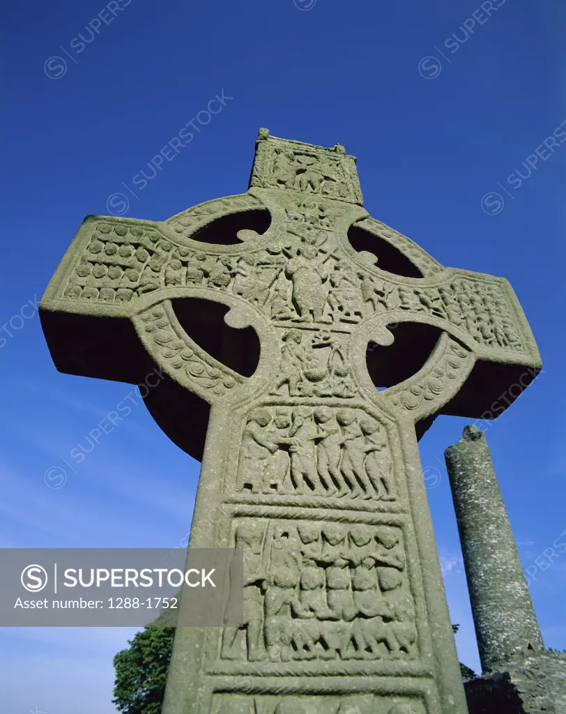 Low angle view of a Celtic cross, Monasterboice, County Louth, Ireland