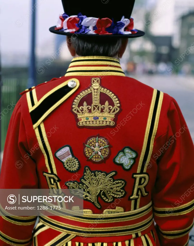 Rear view of a Beefeater standing, London, England