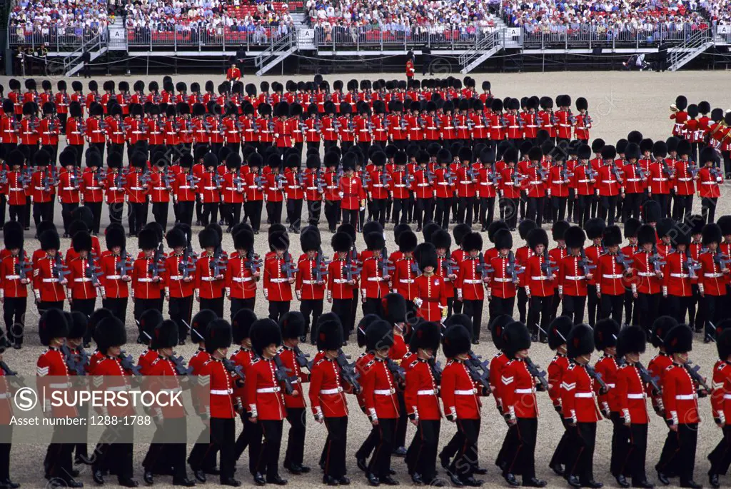 High angle view of a troop of British Royal Guards in a parade, Trooping The Colour, London, England