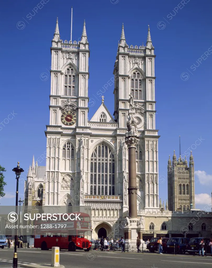 Double-decker bus in front of a church, Westminster Abbey, London, England