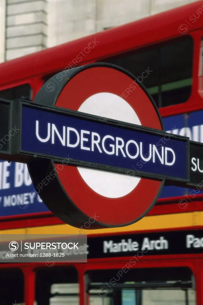 Low angle view of a sign of a subway station, London, England