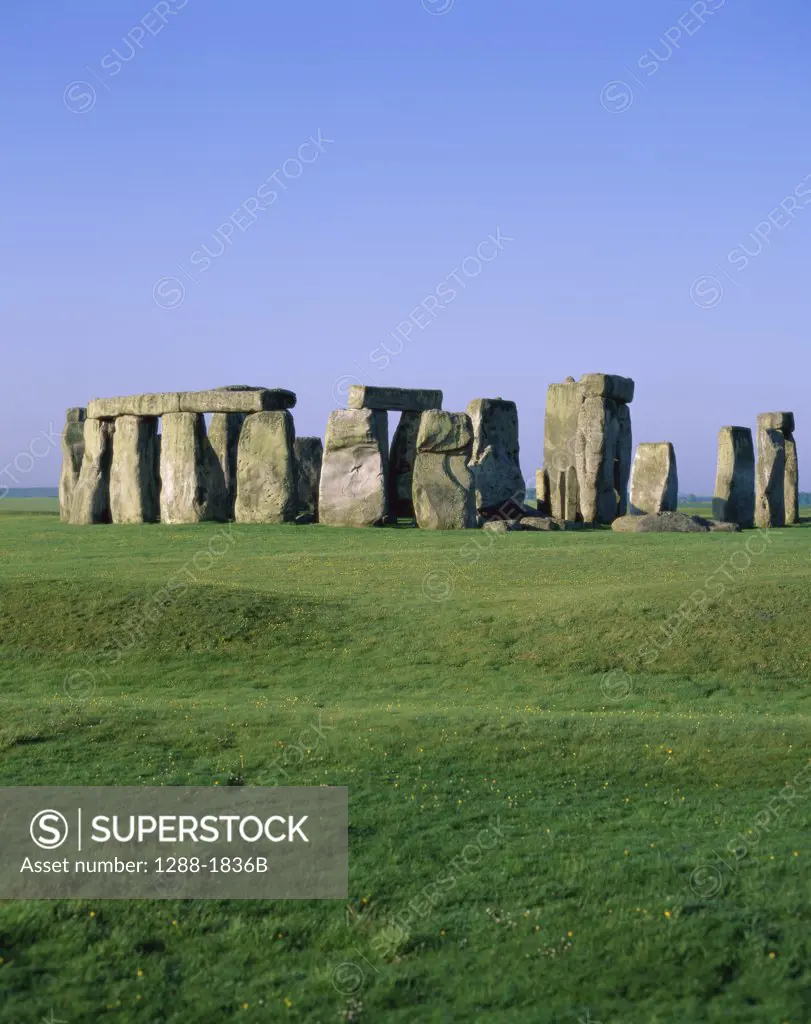 Ancient stone structures on a landscape, Stonehenge, Wiltshire, England