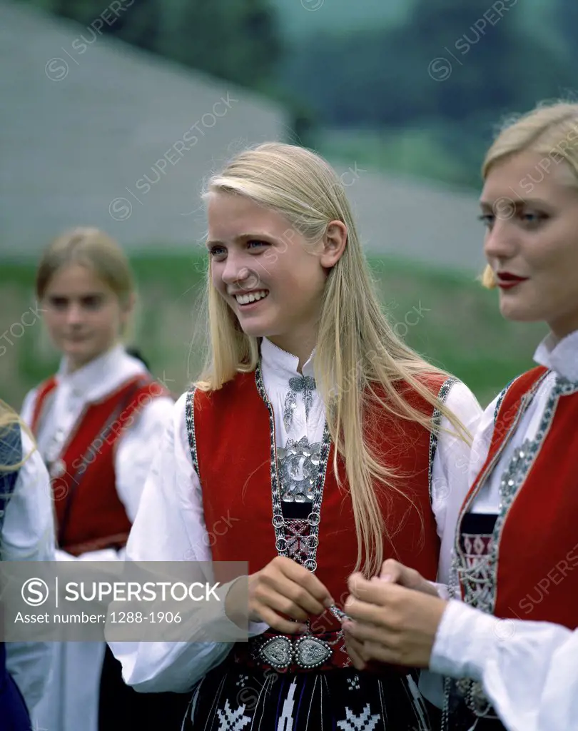 Close-up of two young women smiling, Norway