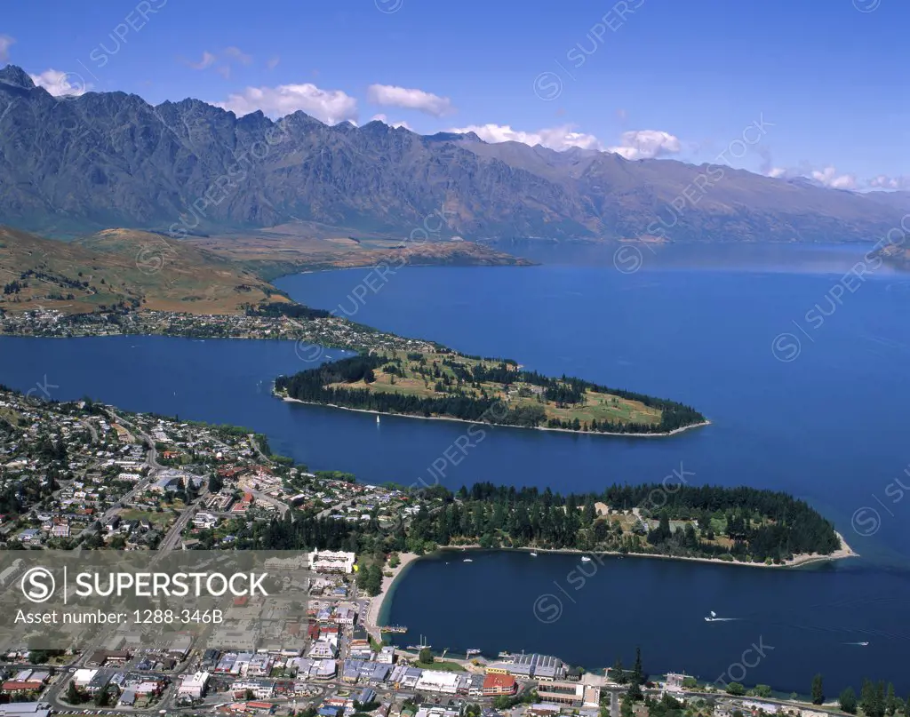 Aerial view of a city along a lake, Queenstown, South island, New Zealand