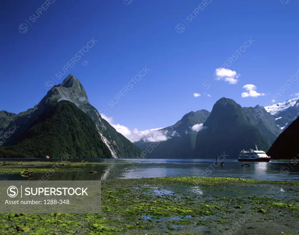 Cruise ship in a lake, Mitre Peak, Milford Sound, South Island, New Zealand