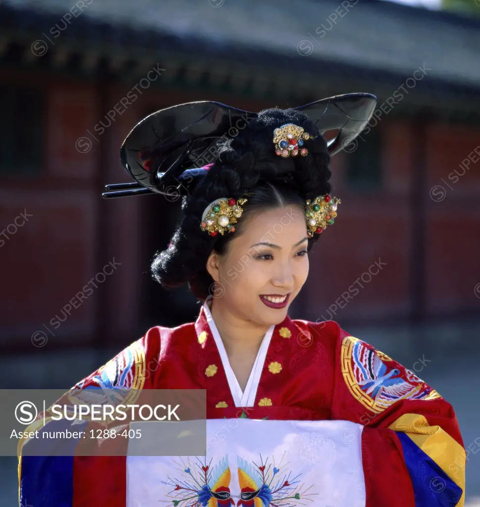 Close-up of a young woman dressed in traditional wedding clothing, South Korea