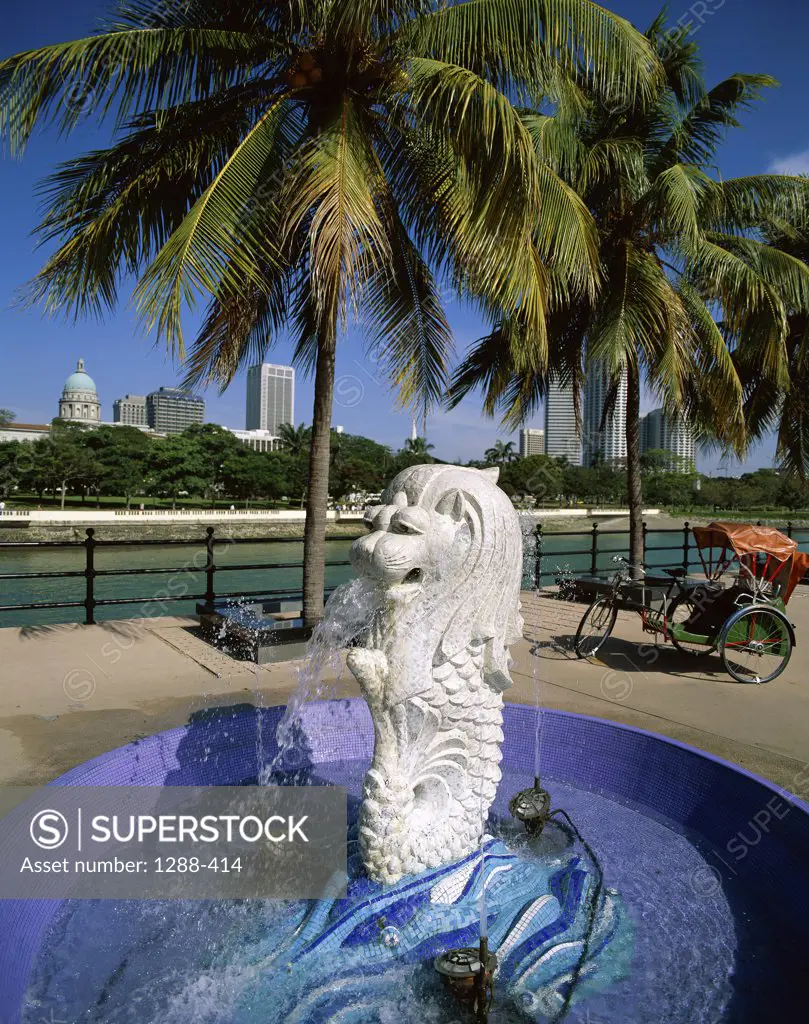 High angle view of a fountain, Merlion Statue, Merlion Park, Singapore
