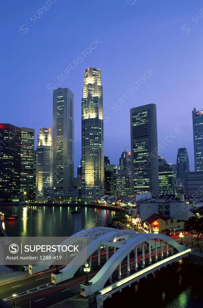 Skyscrapers lit up at night, Singapore