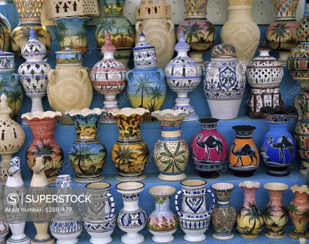Ceramic objects in a market, Nabeul, Tunisia
