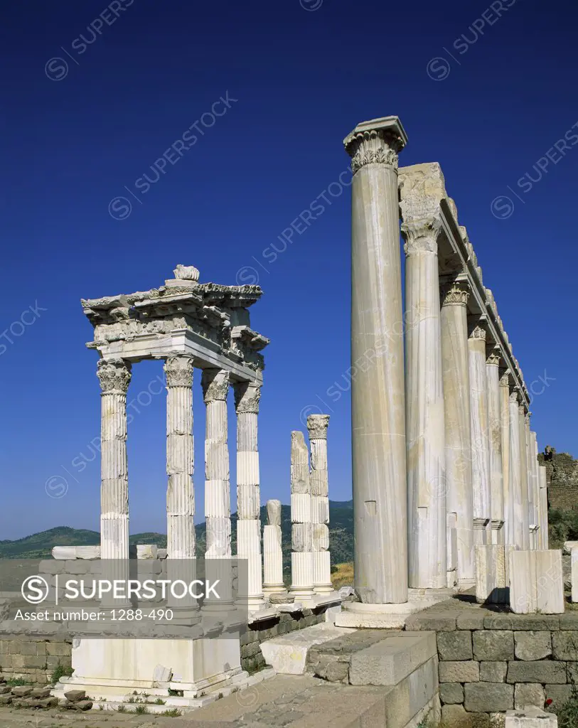 Low angle view of columns in an ancient temple, Pergamum, Turkey
