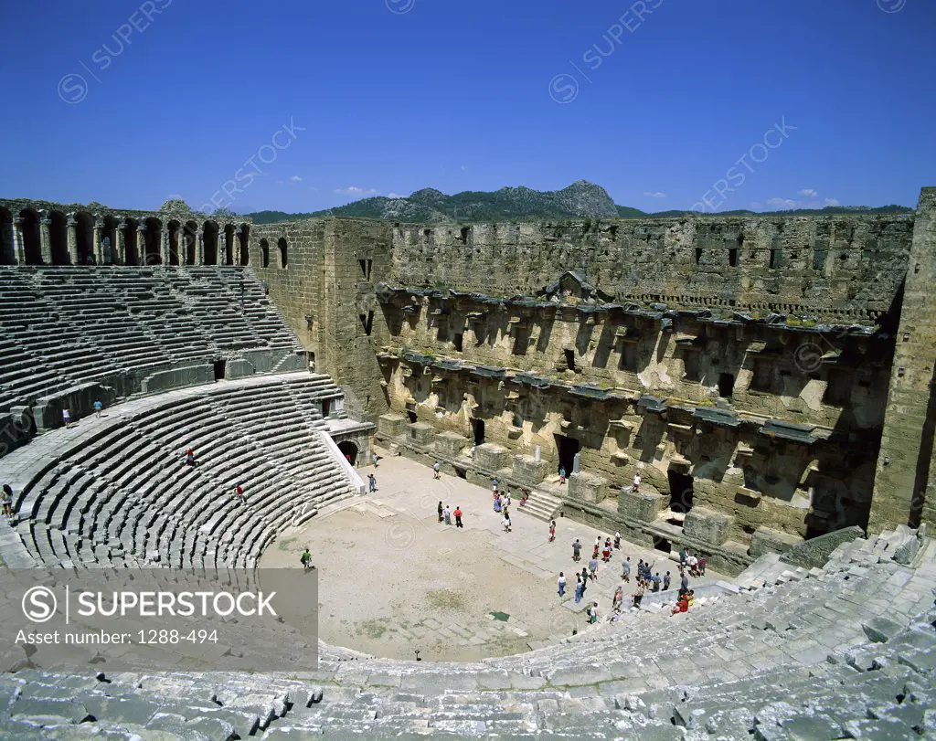 High angle view of an ancient amphitheater, Aspendos, Turkey