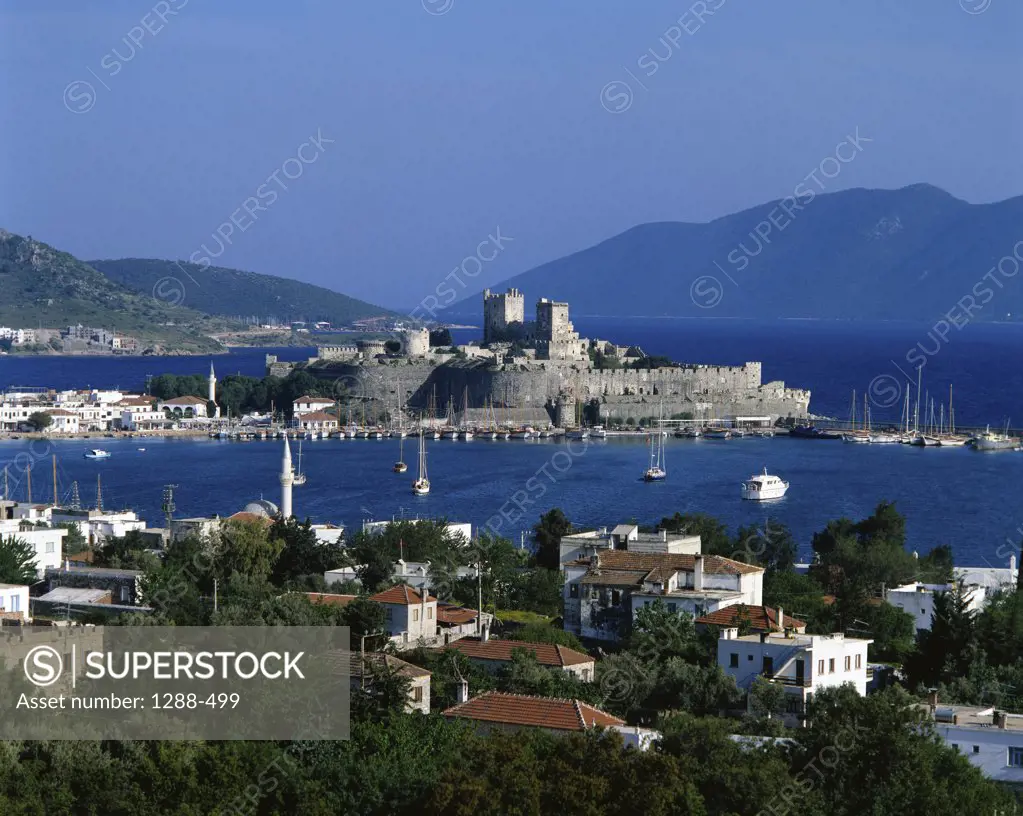 High angle view of a castle on the waterfront, Bodrum, Turkey