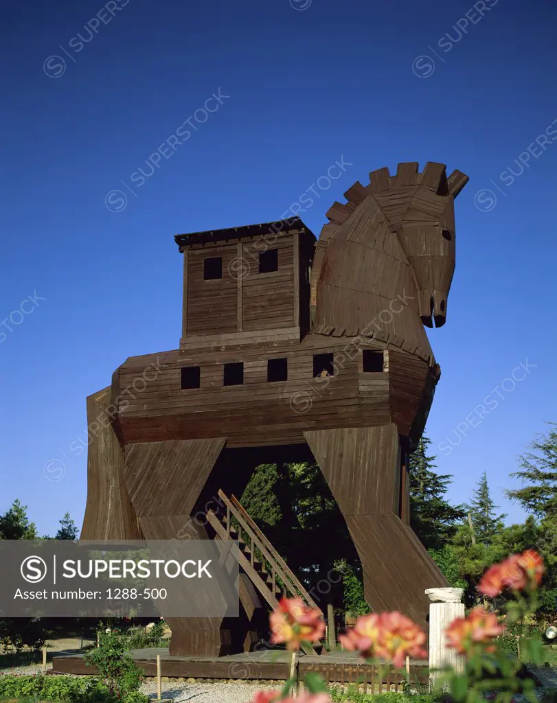 Low angle view of a wooden statue, Trojan Horse Replica, Troy, Turkey