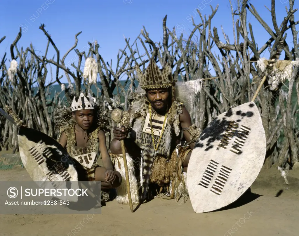 Father and son wearing traditional clothing, Zulus, Kwazulu-Natal, South Africa