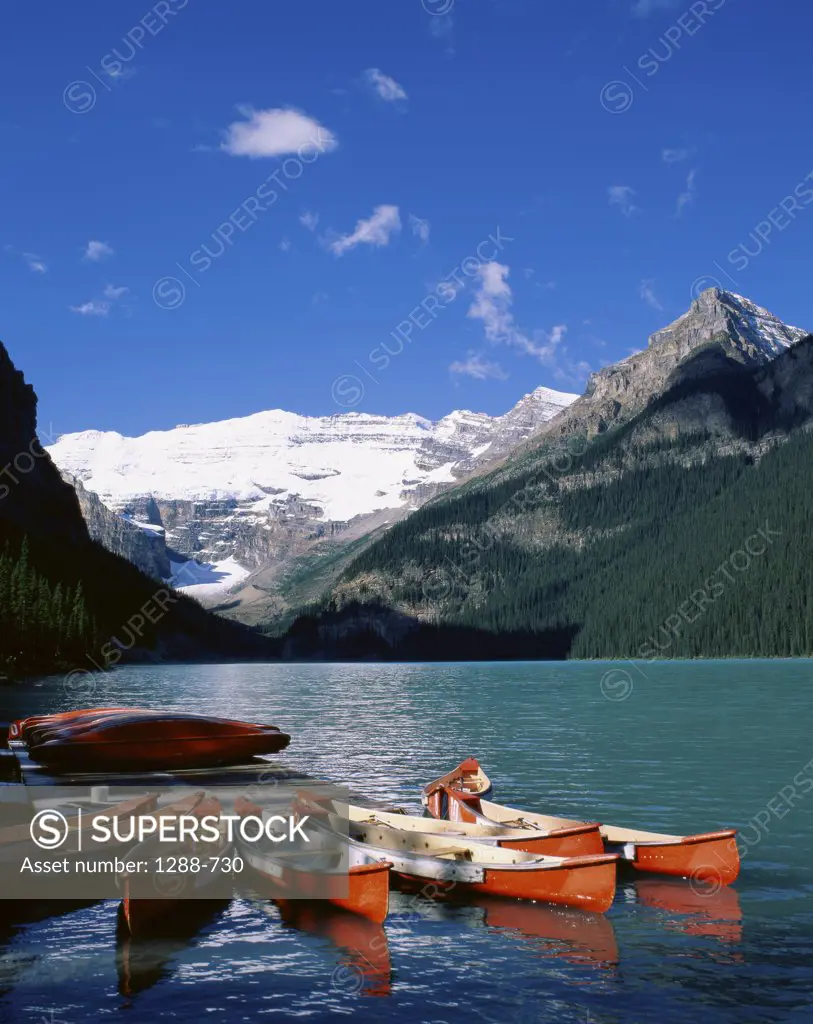 Boats on a lake, Lake Louise, Banff National Park, Alberta, Canada