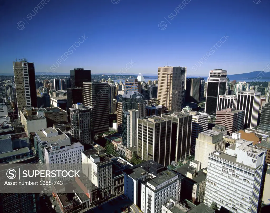 High angle view of buildings in a city, Vancouver, British Columbia, Canada