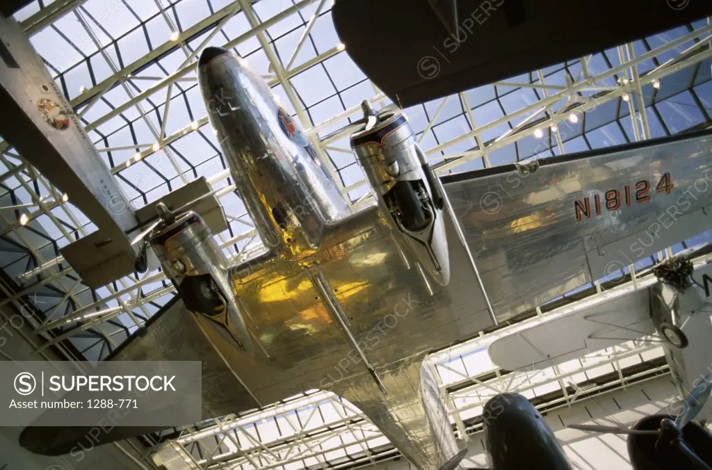 Low angle view of an aircraft displayed in a museum, National Air and Space Museum, Washington DC, USA