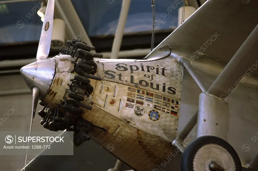 Close-up of an aircraft displayed in a museum, Spirit of St. Louis, National Air and Space Museum, Washington DC, USA