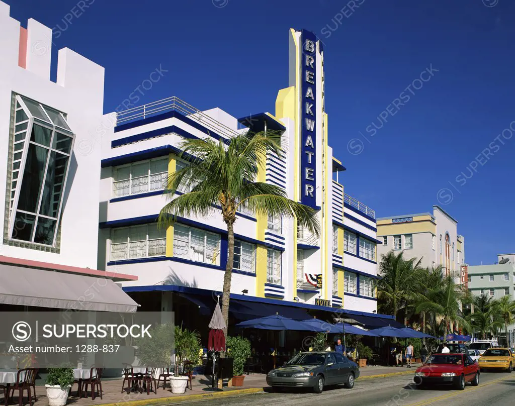 Cars in front of a hotel, Breakwater Hotel, Ocean Drive, Miami Beach, Florida, USA