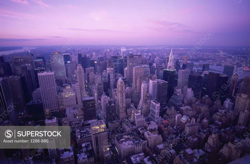 Aerial view of a city at dusk, New York City, New York, USA