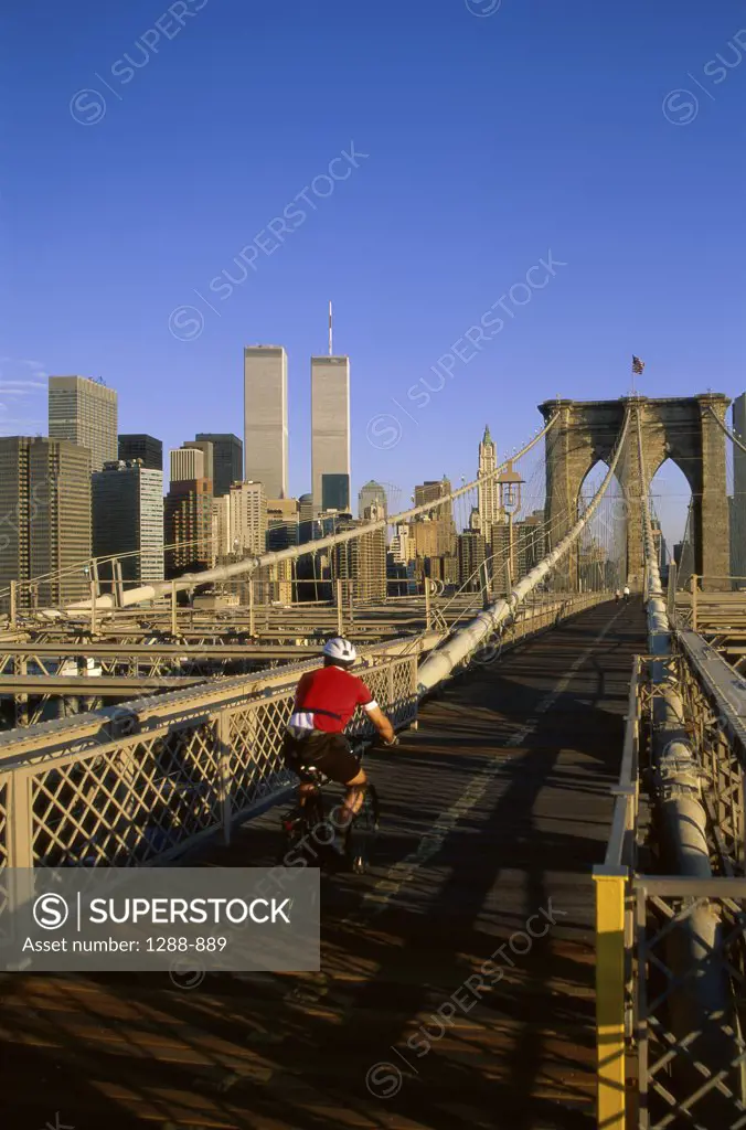 Rear view of a man cycling on the bridge, Brooklyn Bridge, New York City, New York, USA