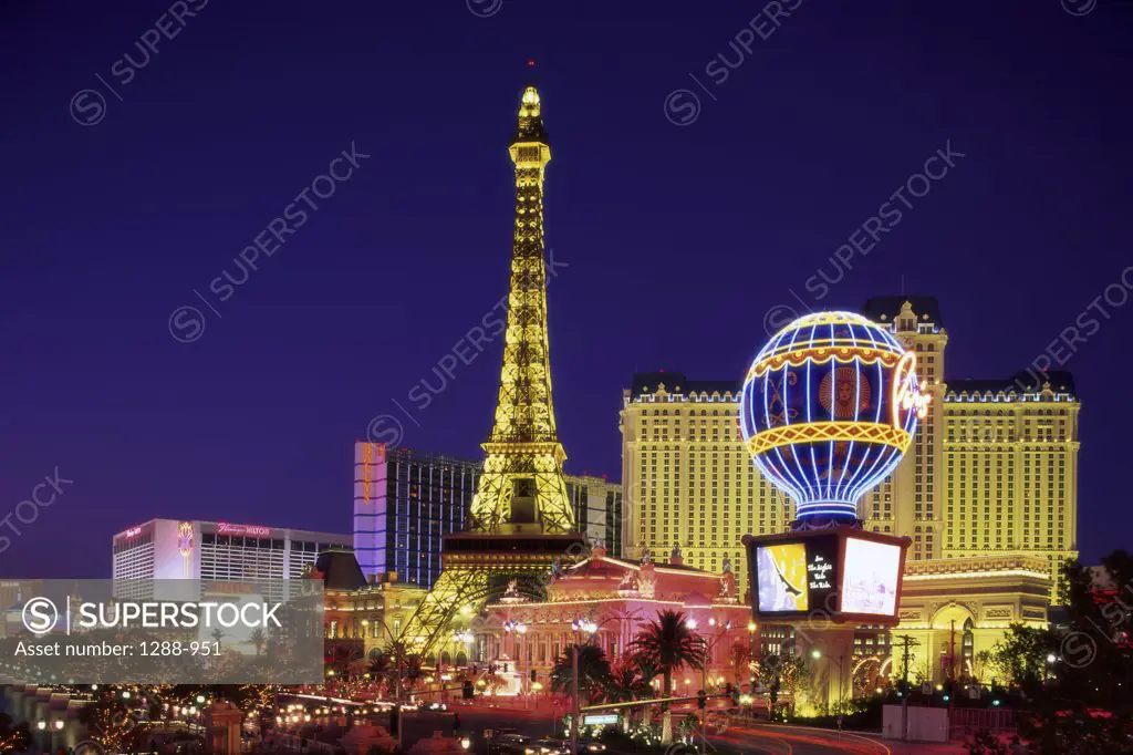 Hotel lit up at dusk, Paris Las Vegas Hotel and Casino, Las Vegas, Nevada, USA