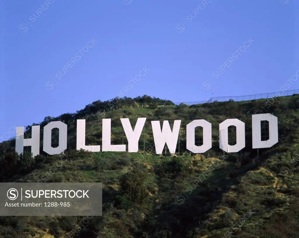 Low angle view of the Hollywood sign on a hill, Hollywood, Los Angeles, California, USA