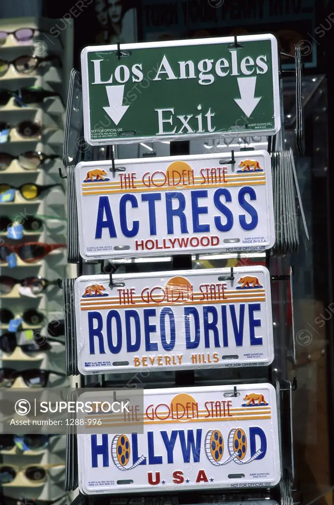 Close-up of license plates and sunglasses, California, USA