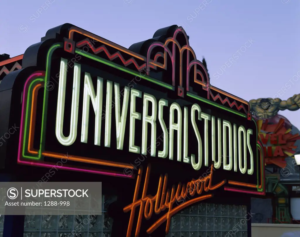 Close-up of a sign, Universal Studios Hollywood, Los Angeles, California, USA