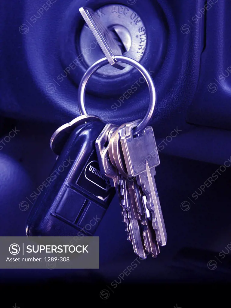 Close-up of keys in the ignition of a car