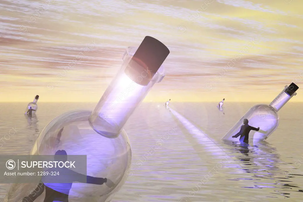 People in bottles floating on water