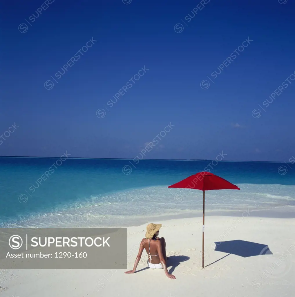 Rear view of a young woman reclining on the beach