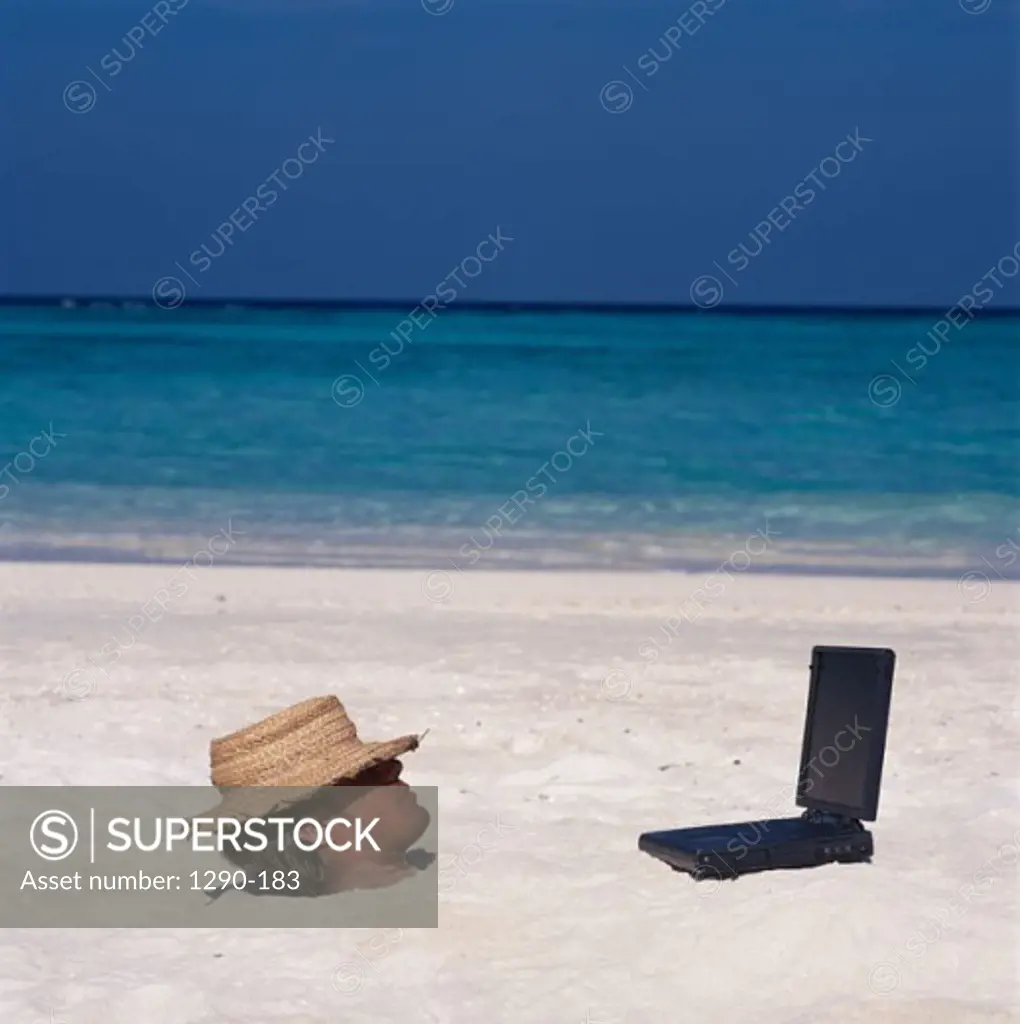 Young man buried in sand on the beach with a laptop in front of him